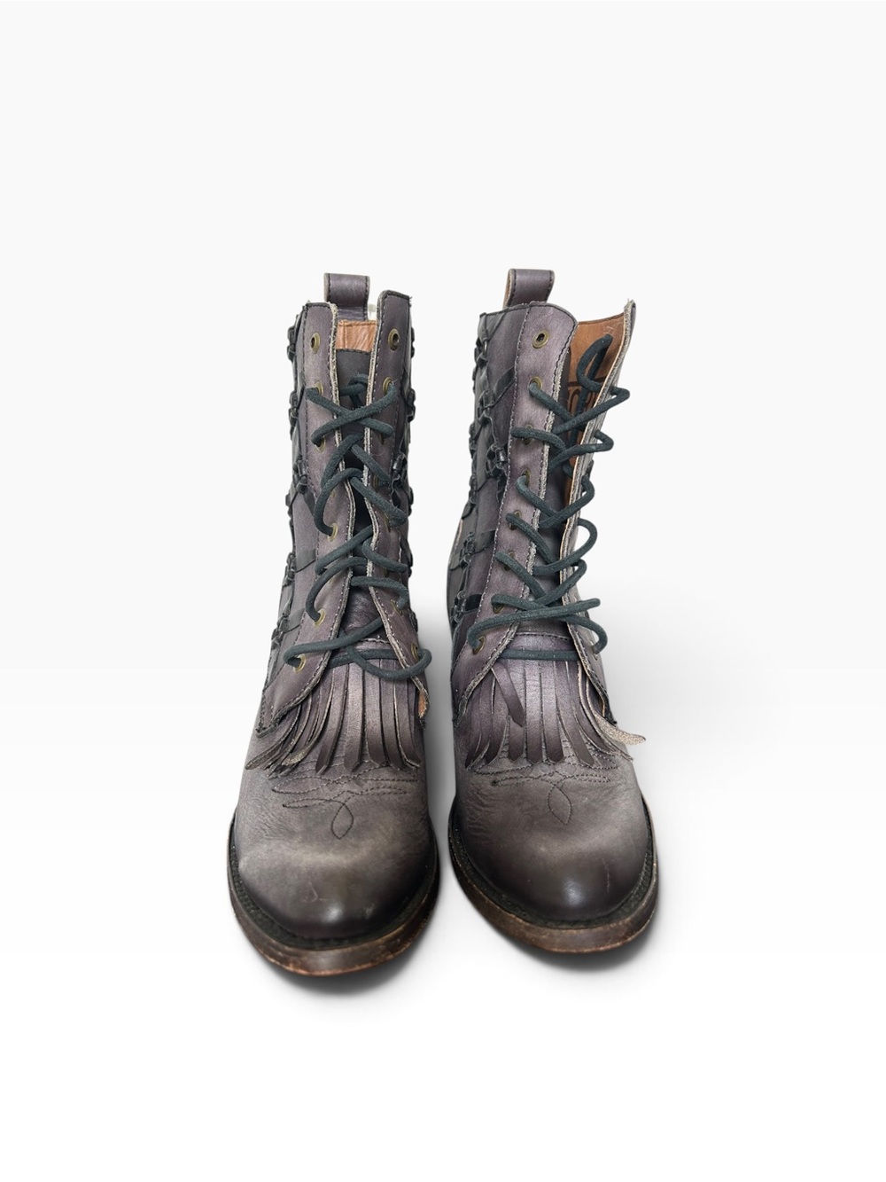 Corral Grey Distressed Fringe Kiltie Lace up Heeled Boot Size 7 - Picture 2 of 8